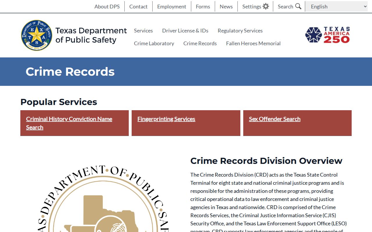 Duval County criminal history Texas DPS Crime Records page
