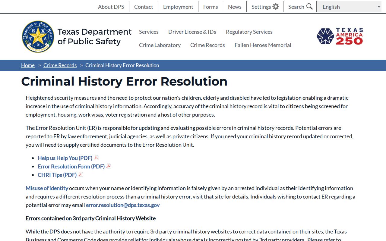 Duval County criminal record DPS error resolution instructions